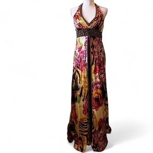 Vintage Sue Wong Silk Beaded Floral Halter Neck Maxi Gown size 0